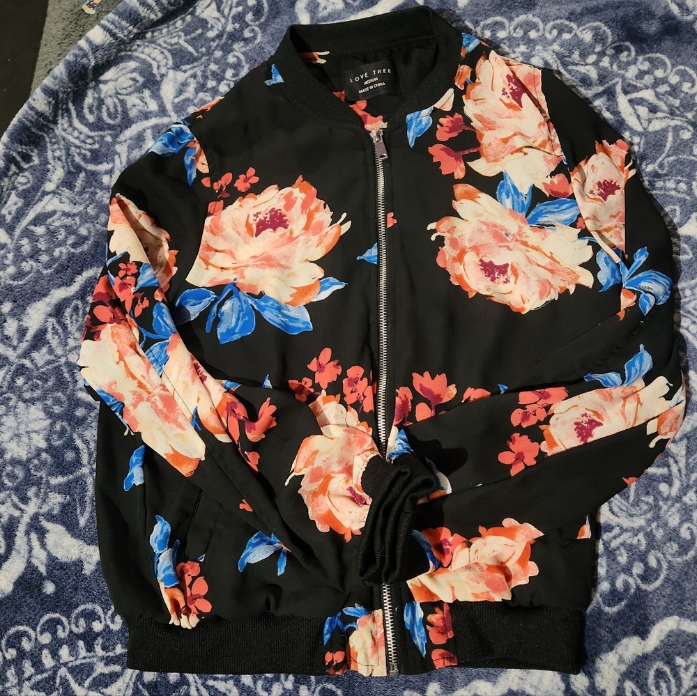 Love Tree Women's Floral Bomber Jacket - Black and Multicolor Size M